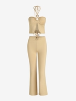 O-ring Halter Top and Built-in G-string Flare Pants Set M Light coffee