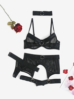 O Ring Lace Choker Garter Bra Set with Leg Ring L Black