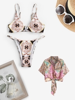 O-ring Printed Tanga Bikini Swimwear with Ethnic Floral Paisley Tied Shirt Multi a