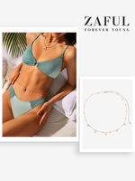 O-ring Ribbed Two Tone Cheeky Bikini and Geometric Imitation Crystal Pendant Waist Chain Green