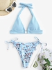 O-ring Textured Ditsy Print Frilled Tie Bikini Swimwear Light blue