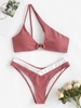 O-ring Textured One Shoulder V-waist Two Tone Bikini Swimwear Light pink