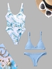 Ocean Print Reversible One-piece Swimsuit and Low Waisted Plain Bikini Set