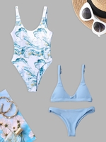 Ocean Print Reversible One-piece Swimsuit and Low Waisted Plain Bikini Set