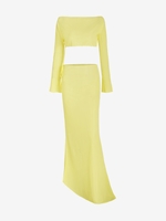 Off Shoulder Batwing Sleeve See Thru Maxi Skirt Set L Light yellow