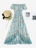 Off Shoulder Button Front High Low Floral Dress M Light blue