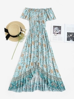 Off Shoulder Button Front High Low Floral Dress Xl Light blue