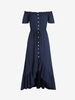 Off Shoulder Button Front Ruffles Midi Dress L Deep blue