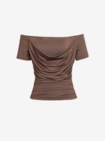 Off Shoulder Cowl Front Ruched Tee M Deep coffee