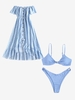 Off Shoulder Floral Frilled Dress and Textured Knotted Cheeky Bikini Set Light blue