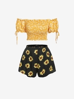 Off Shoulder Floral Smocked Two Piece Set Xl Yellow