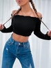 Off Shoulder Frilled Crop T Shirt L Black