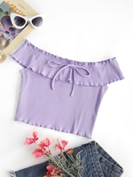 Off Shoulder Frilled Ribbed Crop Top M Light purple