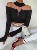 Off Shoulder Half Zip Thumb Hole Crop Sweater with Choker L Black