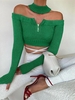 Off Shoulder Half Zip Thumb Hole Crop Sweater with Choker L Green