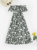 Off Shoulder High Split Floral Print Dress S Green