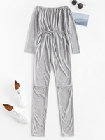 Off Shoulder Knee Ripped Pocket Lounge Jumpsuit S Light gray