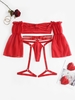 Off Shoulder Knotted Cut Out Caged Lingerie Set L Red