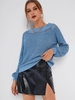 Off Shoulder Lantern Sleeve Pointelle Knit Sweater L Light blue