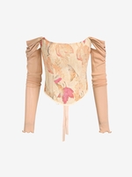 Off Shoulder Leaf Pattern Lace Up Corset Style Top M Light coffee