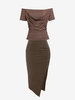 Off Shoulder Ruched Tee and Ruched Thigh Split Skirt Set Deep coffee