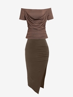 Off Shoulder Ruched Tee and Ruched Thigh Split Skirt Set Deep coffee