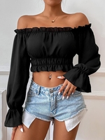 Off Shoulder Ruffle Poet Sleeve Crop Blouse L Black