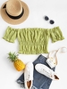 Off Shoulder Seersucker Frilled Ruched Crop Top L Green
