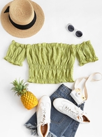 Off Shoulder Seersucker Frilled Ruched Crop Top Xl Green