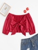 Off Shoulder Sheeny Knotted Crop Top L Red
