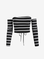 Off Shoulder Stripes Lace Up Tee S Black