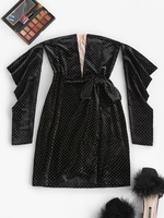 Off Shoulder Velvet Glitter Mesh Panel Tie Dress S Black