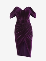 Off The Shoulder Side Slit Velvet Dress S Purple
