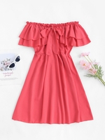 Off The Shoulder Solid Color Tie Cap Sleeve Ruffled Dress M Light pink