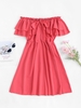 Off The Shoulder Solid Color Tie Cap Sleeve Ruffled Dress Xl Light pink