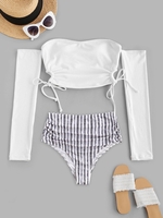 Off The Shoulder Striped High Waist Midkini Bikini Set White