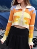 Oil Painting Jacquard Turn Down Collar Cardigan M Orange