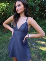 Olivia Messler X ZAFUL Open Back Tie Shoulder Chambray Mini Dress M Denim blue