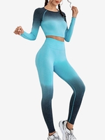 Ombre Color Long Sleeves Crop Top and High Waist Leggings Sports Yoga Set M Blue