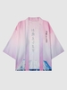 Ombre Floral and Japanese Print Half-Sleeve Kimono Xxl Pink