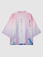 Ombre Floral and Japanese Print Half-Sleeve Kimono Xxl Pink