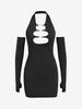 Oval Cut Out Halter Backless Detached Sleeve Slinky Dress L Black