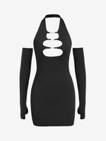 Oval Cut Out Halter Backless Detached Sleeve Slinky Dress L Black