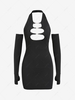 Oval Cut Out Halter Backless Detached Sleeve Slinky Dress S Black