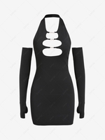 Oval Cut Out Halter Backless Detached Sleeve Slinky Dress S Black
