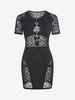 Oval Cut Out Patterned Sheer Mesh Slinky Dress L Black