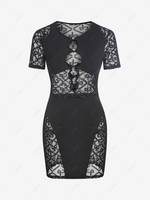 Oval Cut Out Patterned Sheer Mesh Slinky Dress L Black