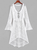 Oval Cutout Flare Sleeve Crochet Knit Cover Up Top White