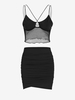 Overlock Mesh Panel Top and Ruched Skirt Set Black