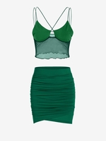 Overlock Mesh Panel Top and Ruched Skirt Set Green